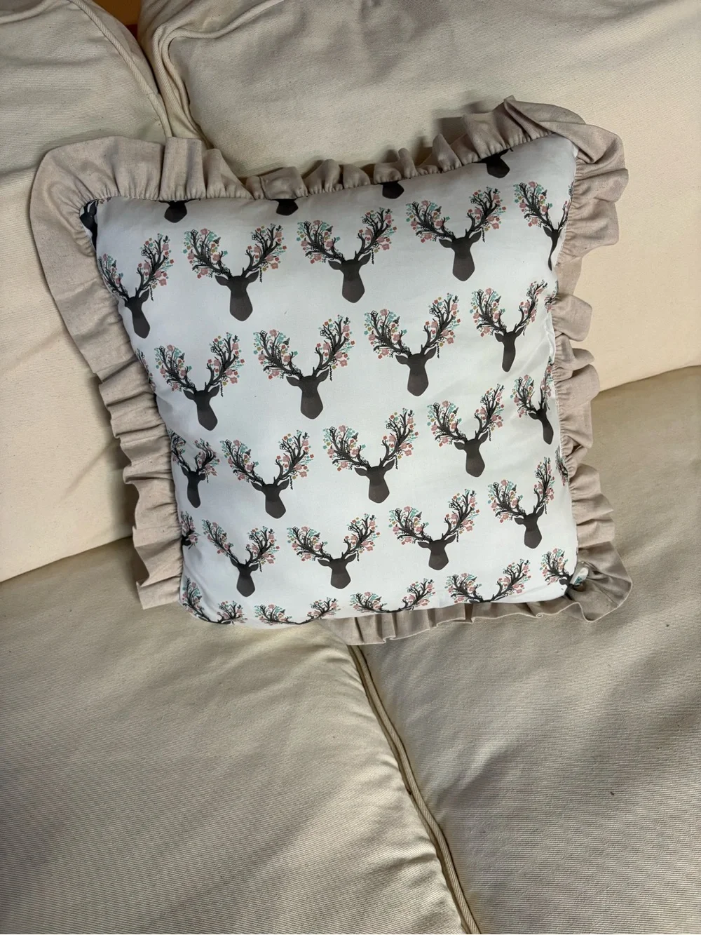 Floral Antler Decorative Throw Pillow in White and Tan